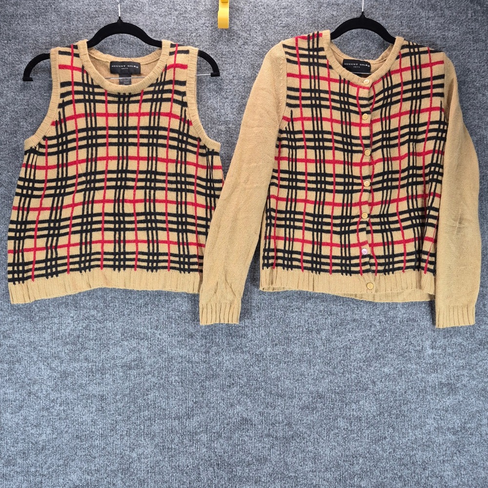August Silk Cardigan Vest Set Plaid Silk Angora Medium Tan Womens